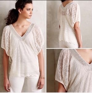 (Anthropologie) Knitted Beaded Cream Boho Top Med